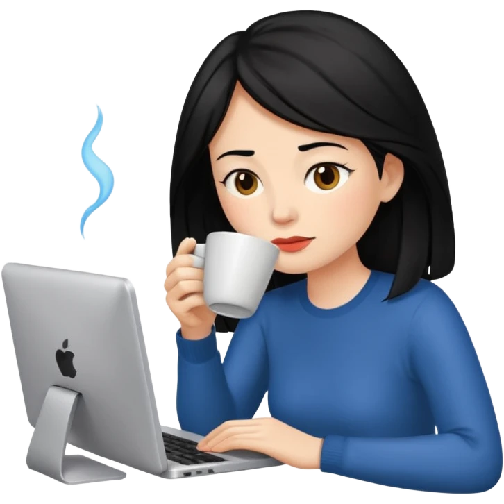 컴퓨터로 작업하면서 커피를 많이 마시고 있는 피곤해보이는 검은머리 여자 emoji