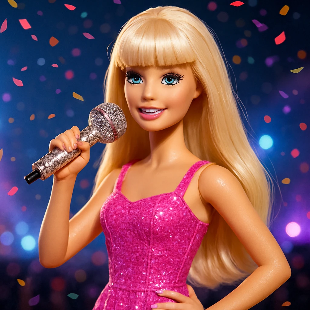 Pretty and girly Blonde pop star with bangs, holding a bedazzled microphone, reimagined as a Barbie doll, with a nighttime concert backdrop with colorful confetti emoji
