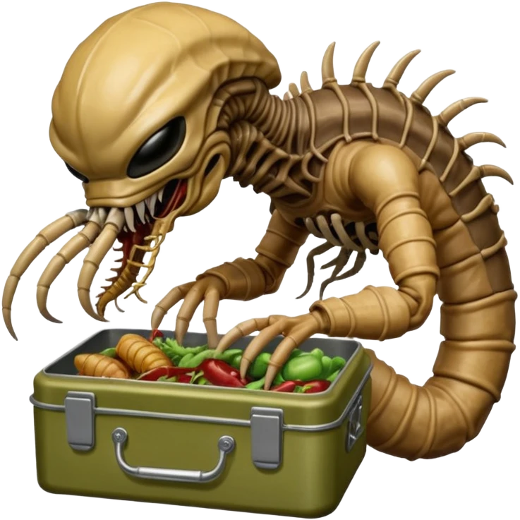 The original Predator with mask and mouth piece eating an Alien facehugger from a lunchbox, the setting should be dark and real. emoji