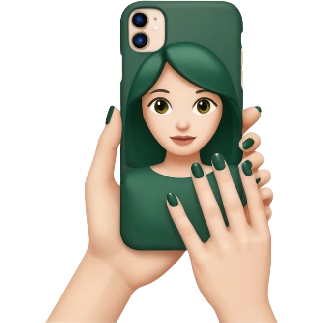 dark green case on white iPhone, female hand with nude manicure holding the phone, top view, emoji style emoji