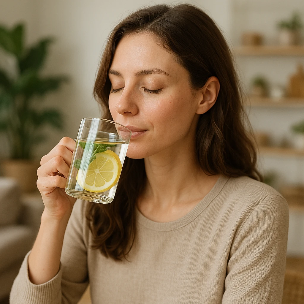 young woman drinking water or detox tea, relaxed expression, wellness atmosphere, realistic details, living room or kitchen background emoji