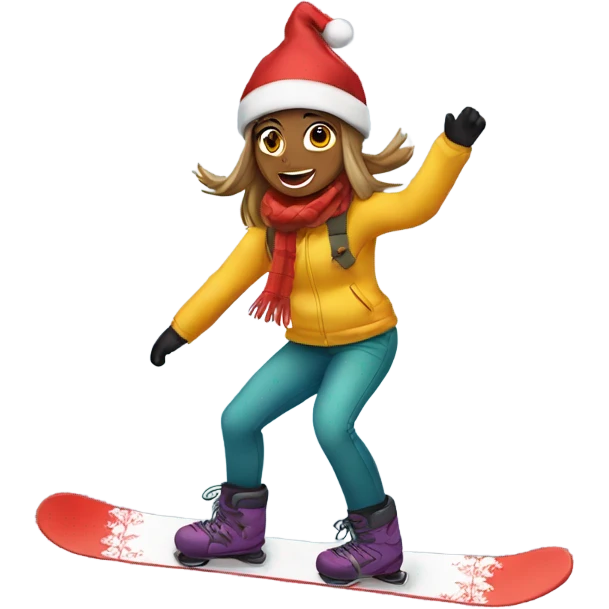 Girl snowboarding with Christmas hat emoji