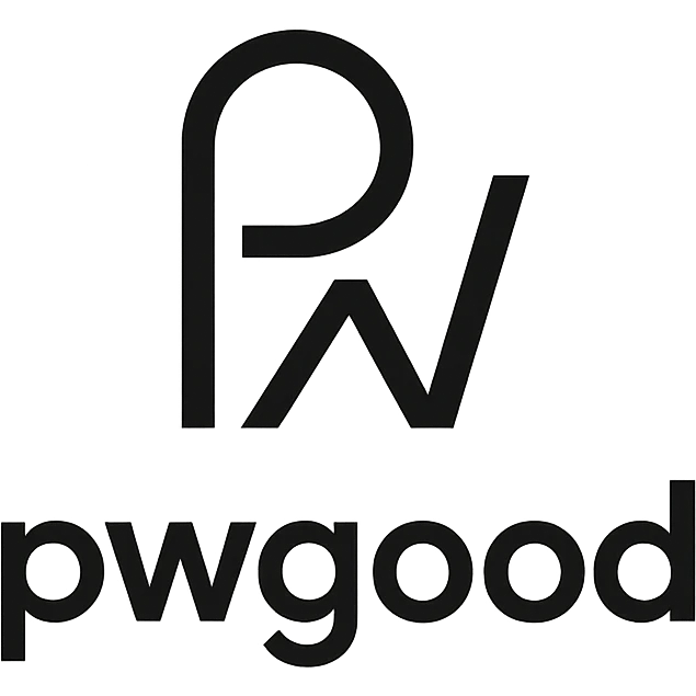 minimalist logo for 'pwgood' featuring an abstract symbol with clean lines, black and white color scheme emoji