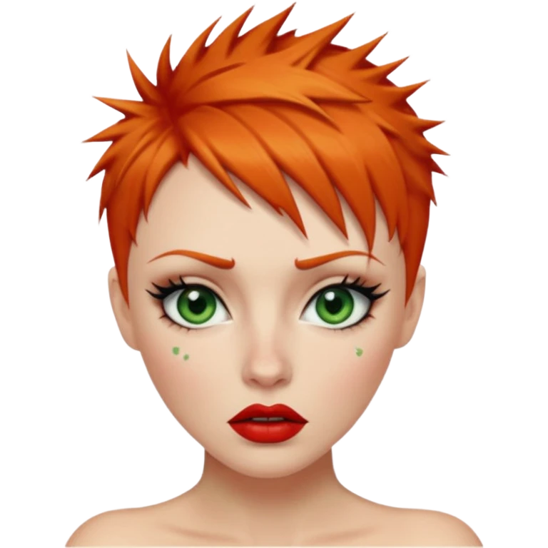 Short spikey Ginger hair, green eyes, black long eye lashes large red lips White woman lcrying emoji