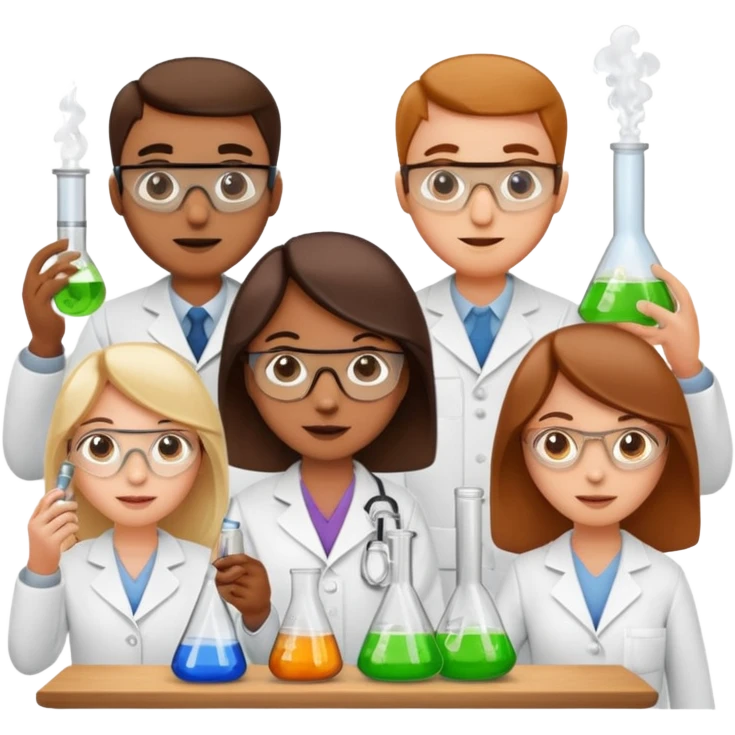 Five chemists: one organic chemist, on physical chemist, one inorganic chemist, one technical chemist and on theoretical chemist – each one with a typical item for their field emoji