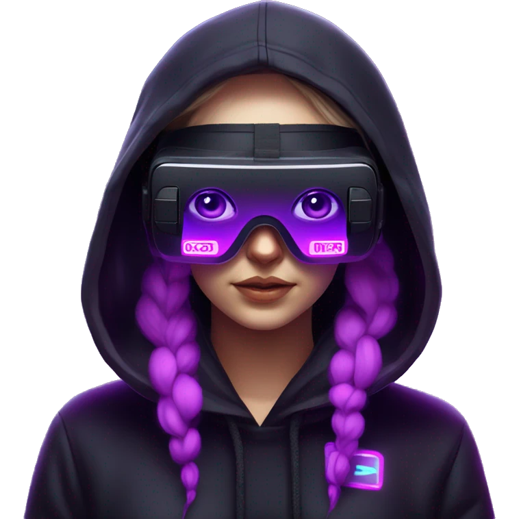 Russian girl wearing black hoody with violet letters "OMG", in vr headset. Cyberpunk style. Violet neon. emoji