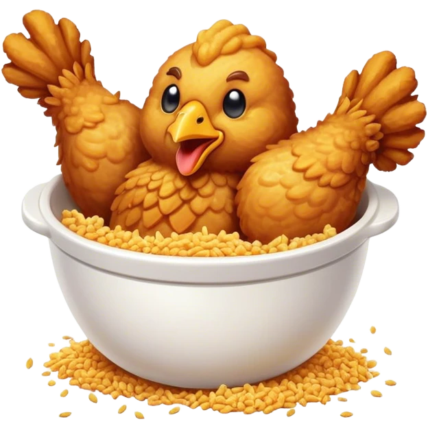 Cinematic crispy fried chicken, golden and crunchy, juicy inside, steaming as it is freshly served, sprinkled with seasoning, rich golden tones, inviting and delicious. emoji