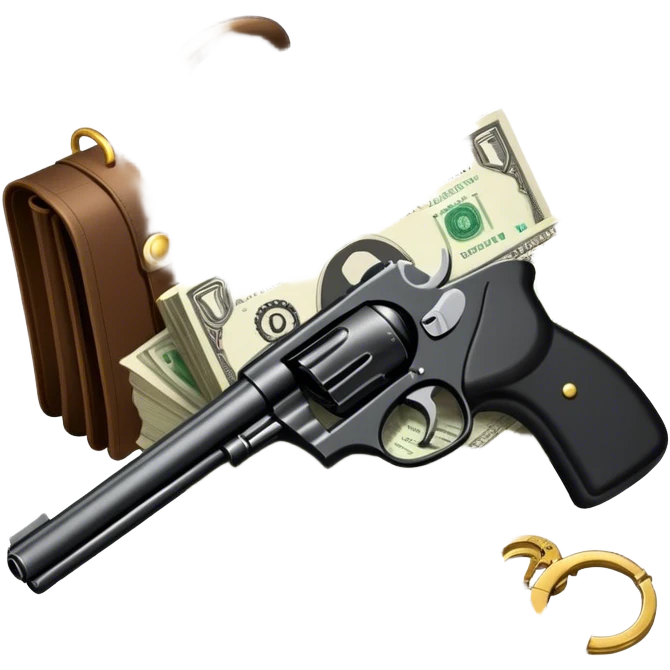 Icon for Action & Crime Reading: open book with text and picture, silhouette of a gun, a bag of money, a police badge. Surrounding elements include a pair of handcuffs, a briefcase and scattered bullet casings. Transparent background. emoji