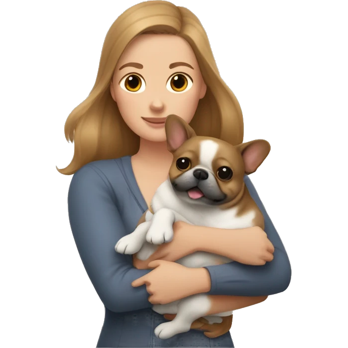 light brown hair woman hugging two dogs: in one arm a pomeranian and in the other a dark gray french bulldog emoji