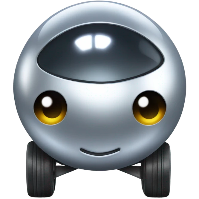 Metal ball with oval-shaped eyes driving on 4 car wheels emoji