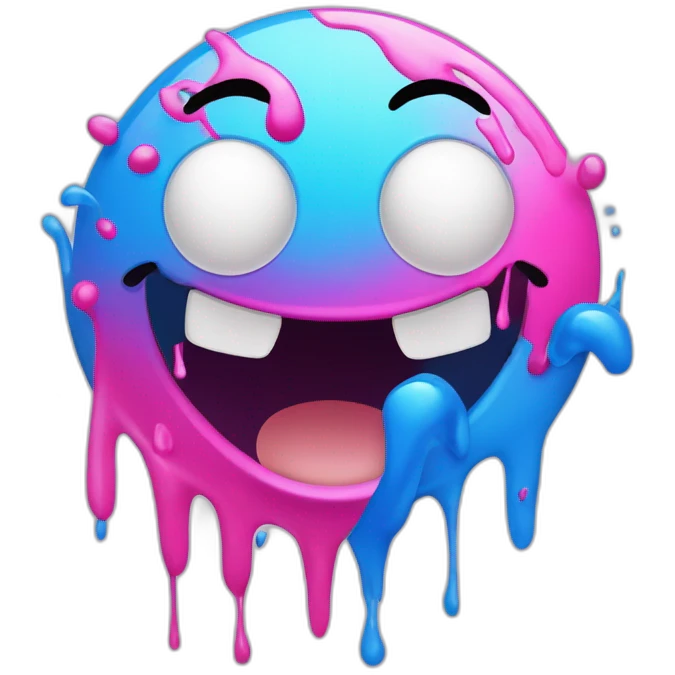 one cartoon smiley face in blue and pink tones, paint dripping down it, he smiles, waves his hands, excellent, illustration, vector, high detail, realistic, transparent background emoji