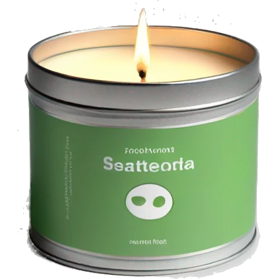 lit matcha scented candle in a silver tin with a small white label realistic emoji