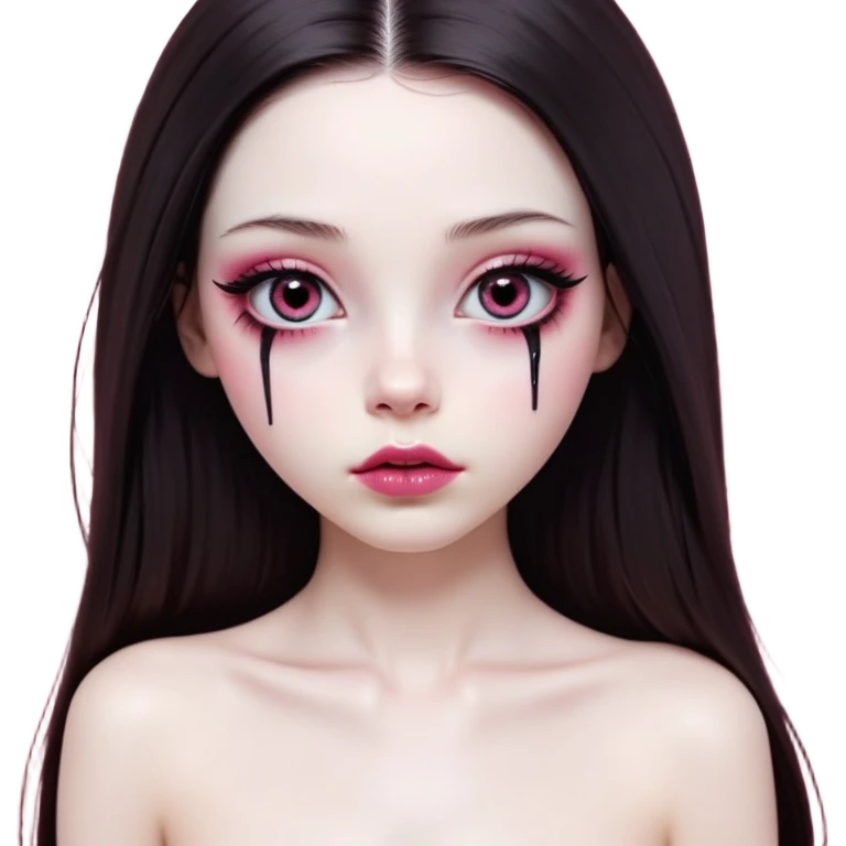 girl with white skin, dark brown long realistic straight hair with middle part prominently falling in front of her body over her shoulders, lips with reddish-pink shiny lip gloss and absolutely no cupid's bow, big round eyes with very black shiny eyeballs and natural long eyelashes, absolutely no eye makeup, no eyeshadow, no eyeliner, completely bare eyes, light pink blush on cheeks, lighter button nose, exceptionally elongated very long oval-shaped face, wearing a pink off-shoulder top, looking directly at camera with hands down at sides emoji