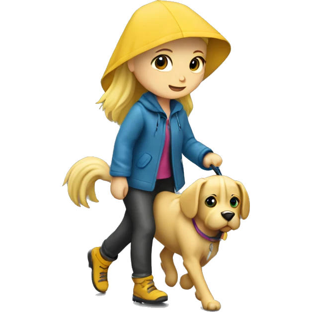 Blond girl walking a dog in the rain  emoji