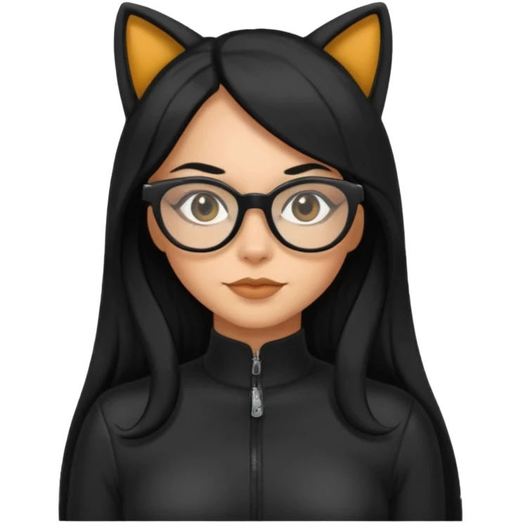 Hispanic woman with long silky hair and glasses in a cat suit emoji