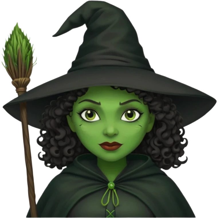 elphaba wicked witch with broom close up, evil dark curly hair, green skin, thick lips, cheekbones, smirk evil menacing cythia erivo dark aesthetic black hat cloak  emoji
