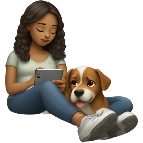 Girl laying on coach while looking at phone with dog on lap emoji