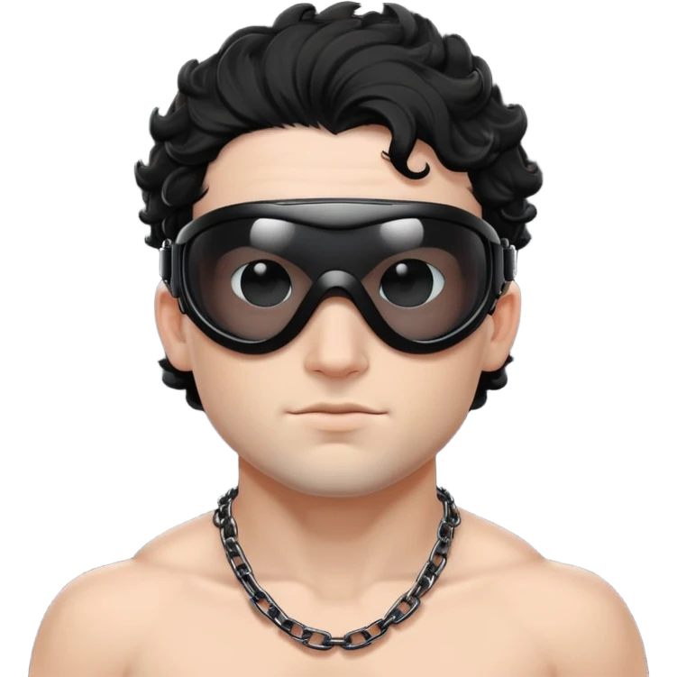 shirtless male athlete with white skin and moderately curly black hair on top with shaved sides, wearing black ski goggles with very dark heavily tinted black lenses that completely hide the eyes, and a simple plain black chain necklace, no earrings emoji
