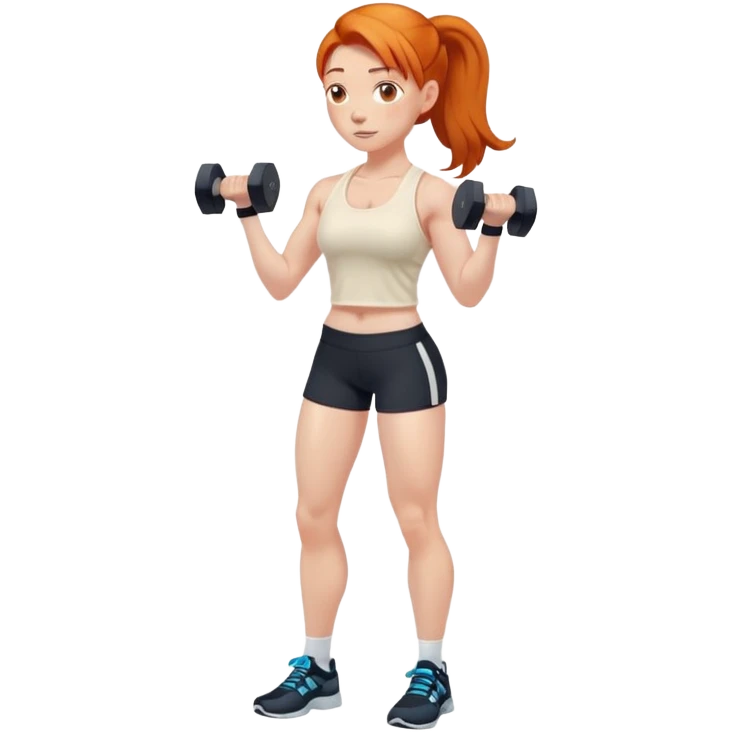 Ginger gym girl standing sideways with dumbbells and cream tank top emoji