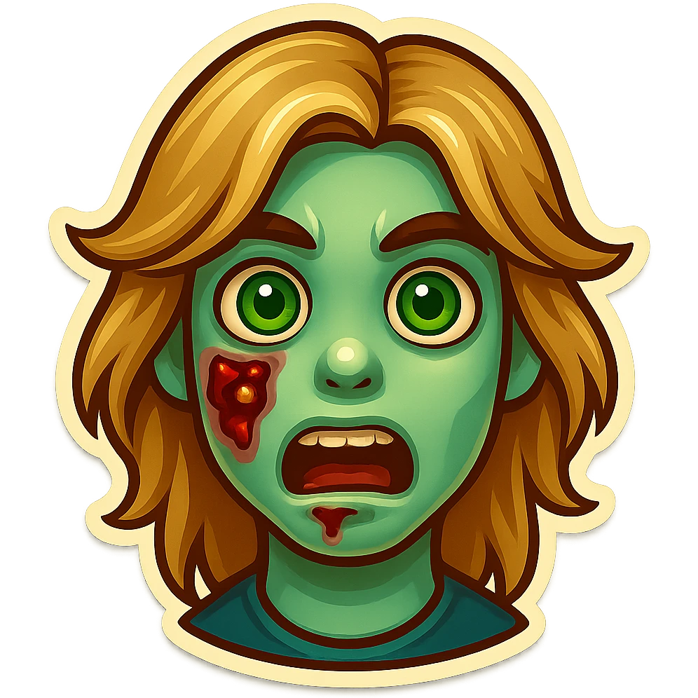 Transform this character into a male zombie with dirty blonde long anime-style hair and green eyes. Keep the same facial wounds and expression. Preserve the cartoon emoji style as in the reference. emoji