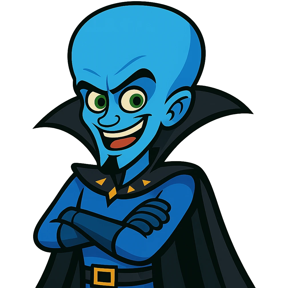 megalomaniac blue alien with a large head, inspired by Megamind, vibrant cartoon style emoji