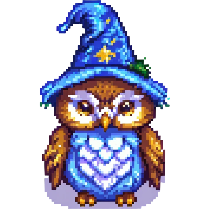 owl wearing a starry wizard hat in pixel art style emoji