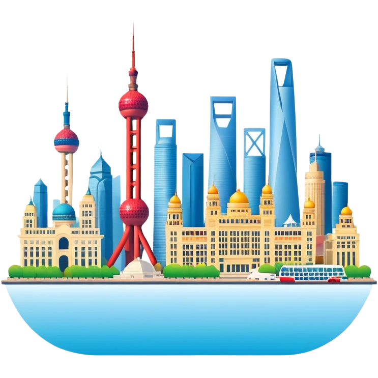 Shanghai The Bund skyline, simplified emoji style with bold outlines and bright colors, cartoon style modern buildings and Oriental Pearl Tower emoji