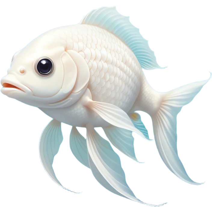 Cinematic Noble White Goldfish Portrait Emoji, Poised and regal, with a sleek, streamlined build and a luminous, pure white body, deep-set soulful pale eyes, Simplified yet sharp and sophisticated features, highly detailed, glowing with a soft, dignified glow, high shine, intelligent and graceful, stylized with an air of aquatic purity, focused and attentive, soft glowing outline, capturing the essence of a watchful and confident aquatic companion, so majestic it feels as though it could glide out of the screen with effortless authority! emoji
