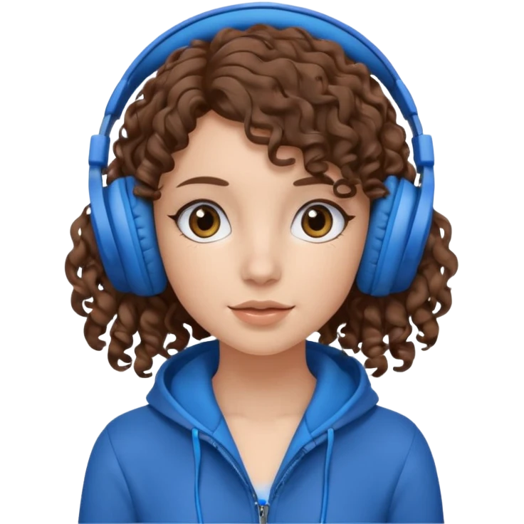 A girl with curly hair listening to music with blue headphones emoji