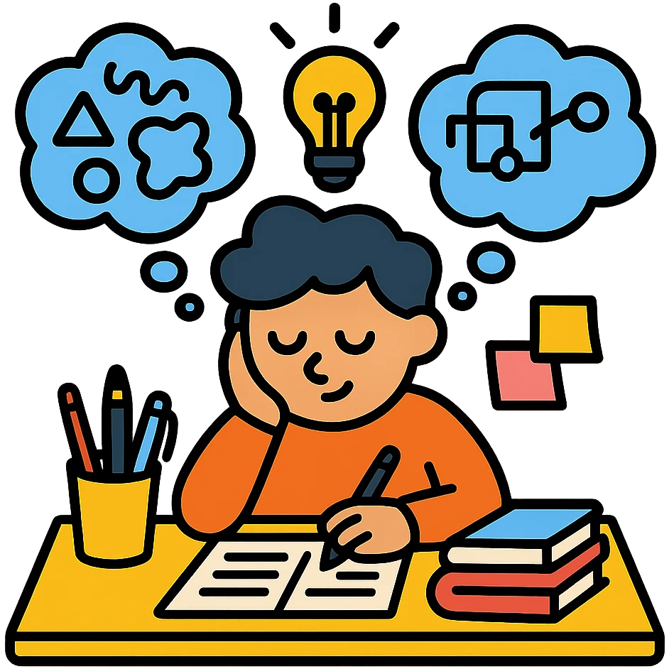 creative thinker in a cozy workspace, thought bubbles filled with abstract ideas and sketches, illuminated by a bright light bulb, surrounded by pens, sticky notes, and books, color outline icon style, 4:5 aspect ratio emoji