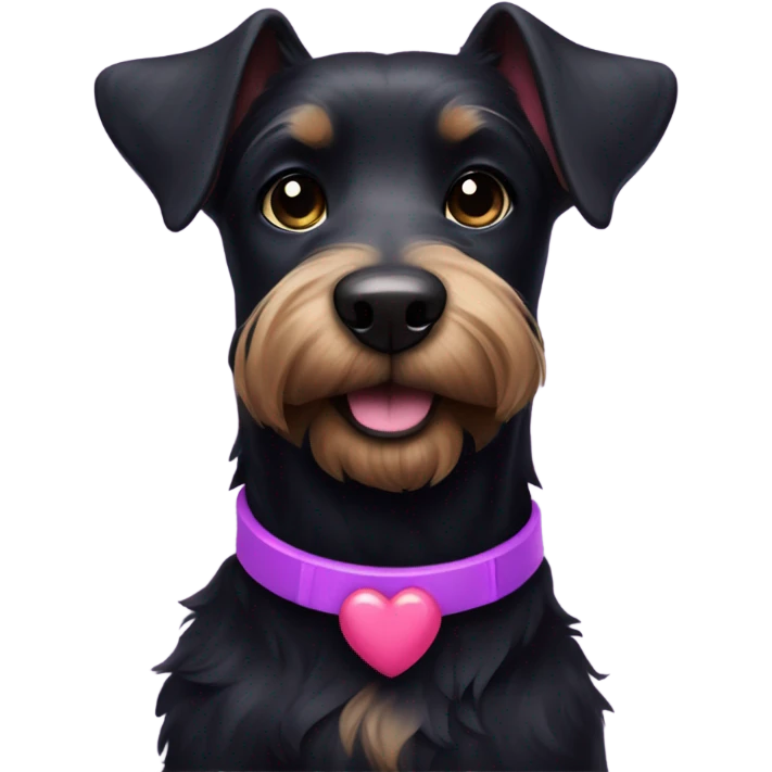 All black terrier dog with purple and pink collar with heart that says Remi  emoji