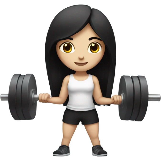 Pale girl with long black hair lifting weights emoji