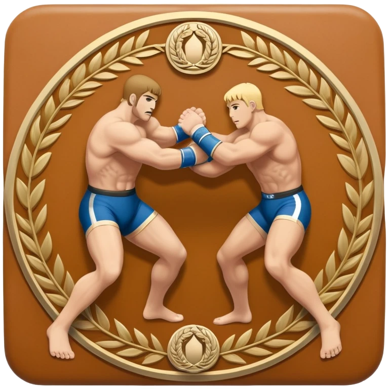 An icon symbolizing wrestling combat sports in the style of an emblem. The design features two wrestlers locked in a powerful grapple, one attempting to take the other down. Surrounding the scene are stylized elements like a championship belt, wrestling mat, and a laurel wreath. Transparent background emoji