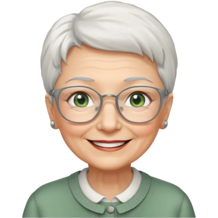 Create me emoji of an old lady. Short white hair to left side. Square glasses. Gray-green eyes. Big smile. emoji