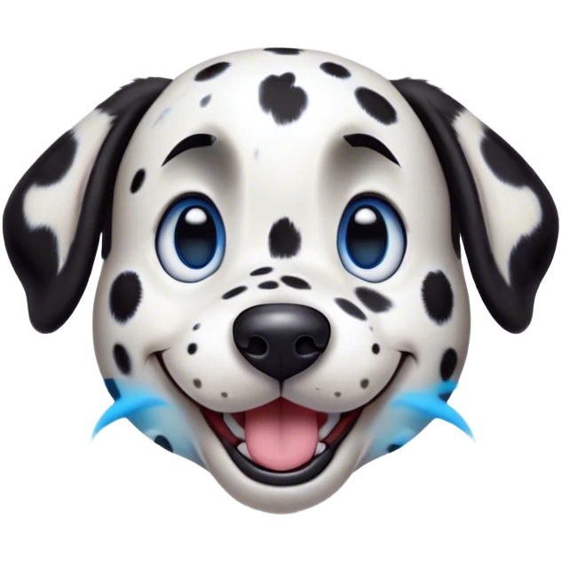 Cinematic Comical Spotted Dalmatian Portrait Emoji, Head tilted dramatically with an exaggeratedly shocked or amused expression, featuring a striking Fur of predominantly white with vivid black patches, wide, expressive blue eyes filled with playful disbelief, Simplified yet hilariously expressive features, highly detailed, glowing with a slightly sassy glow, high shine, dramatic yet playful, stylized with an air of cheeky charm, bright and endearing, soft glowing outline, capturing the essence of a spirited and over-the-top guardian, so meme-worthy it feels like it could side-eye its way into internet fame instantly! emoji
