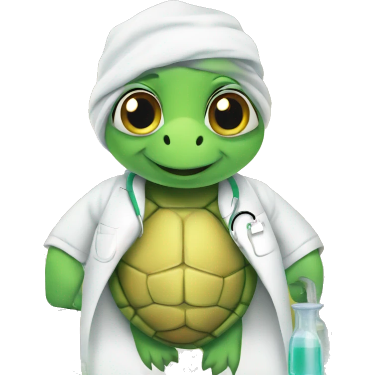 Turtle wearing white lab coat in lab with vials around it emoji