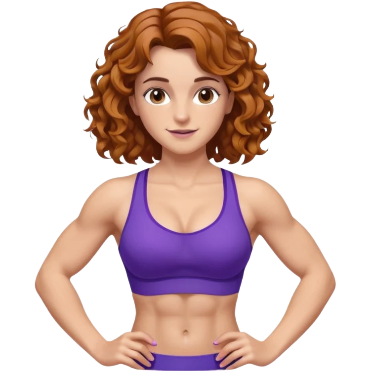 big biceps, muscled torso, very beautiful italian happy girl, looking like Emma Watson, with wavy curly bright hazelnut hair, dressed in violet bra sports outfit, very muscled emoji