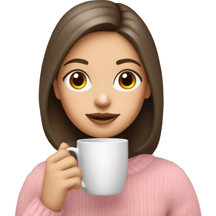 a white brunette girl drinking coffee wearing baby pink sweater  emoji