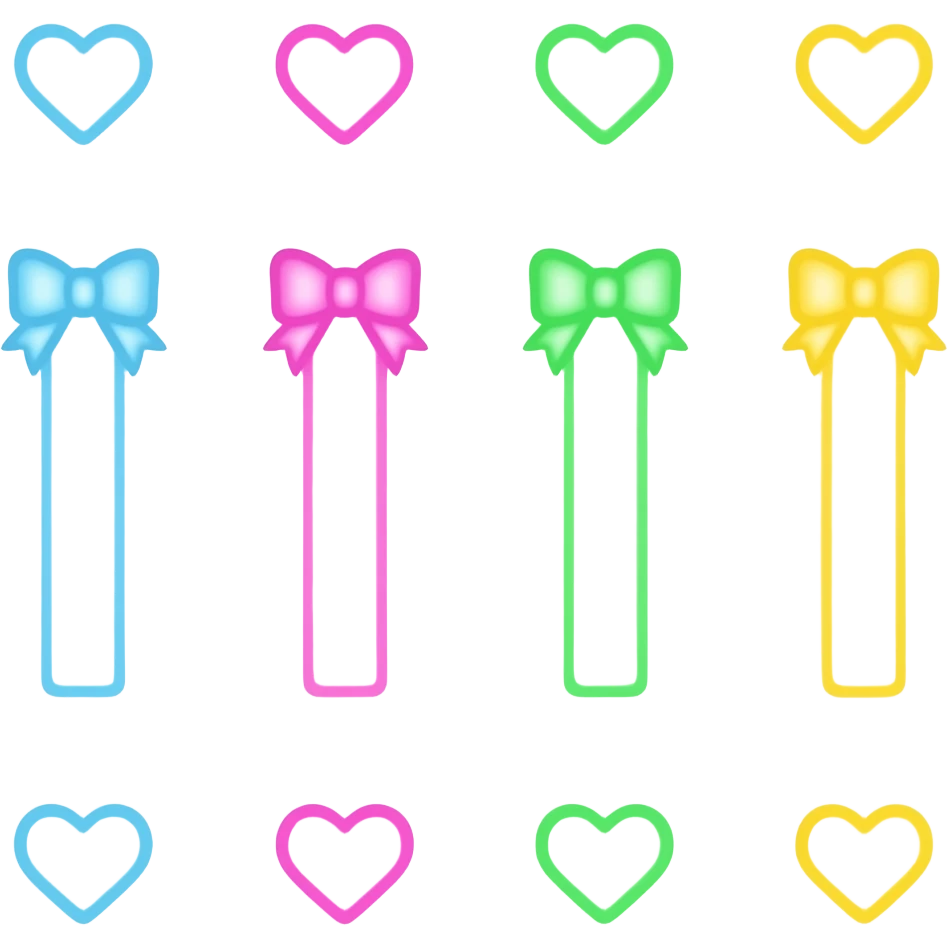 light blue , pink, green and yellow colored glowly straight, vertical, and horizontal lines, small outlined hearts, bows and circles of the same colour scattered all around far from each other emoji