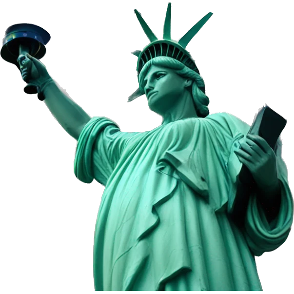 Statue of Liberty with fireworks going off and a bald eagle flying around emoji