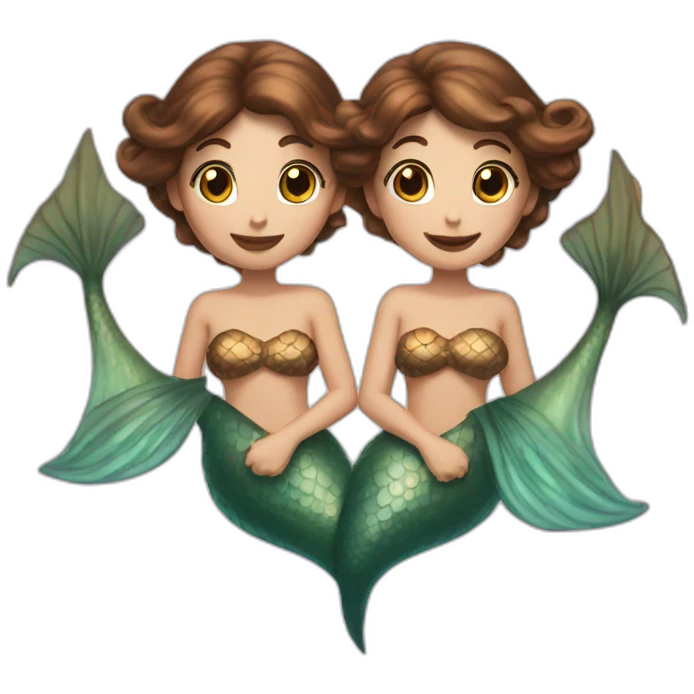 Two brown haired mermaids with their tails formed into a heart emoji