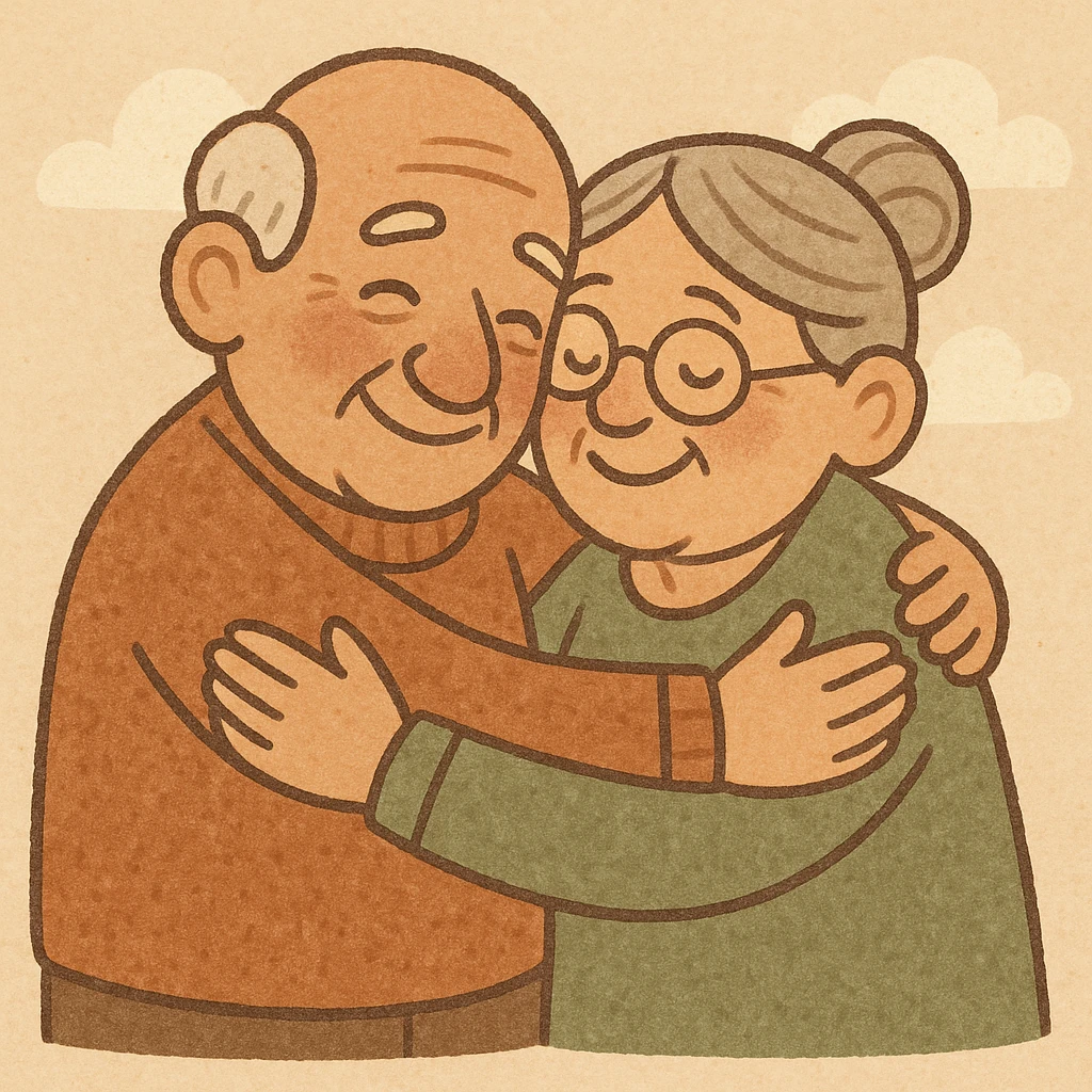 old man and woman hugging, no glasses, tender and joyful, soft background emoji