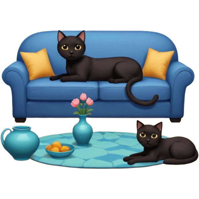 schwarze Katze auf dem Sofa mit unschuligem Blick und Hund auf dem Boden vor einer zerbrochenen Vase - Zimmer ist verwüstet, Kissen liegen unten emoji