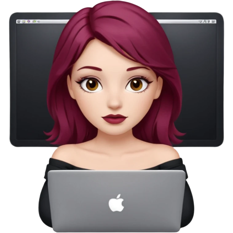 white girl, long blow-out style with middle part, burgundy hair, brown eyes, long eyelashes, full lips, off the shoulder black fitted top, laptop in front  emoji
