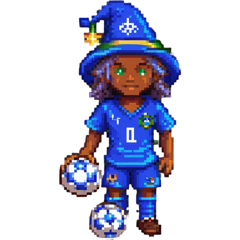 pixel art of a Brazilian soccer player with wizard elements, such as a hat or magic effects emoji