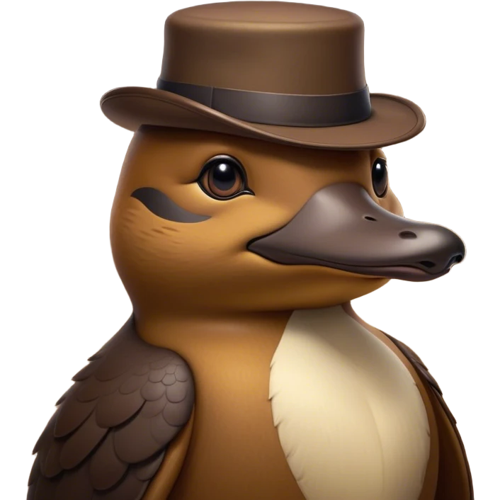 Cinematic Noble Platypus Portrait Emoji, Poised and regal, with a uniquely streamlined build and a sleek brown fur, a distinctive flat duckbill and broad, beaver-like tail, deep-set soulful eyes full of wonder, Simplified yet sharp and sophisticated features, highly detailed, glowing with a soft, dignified glow, high shine, intelligent and enigmatic, stylized with an air of aquatic curiosity, focused and attentive, soft glowing outline, capturing the essence of a watchful and confident oddity, so majestic it feels as though it could glide out of the screen with effortless authority! emoji