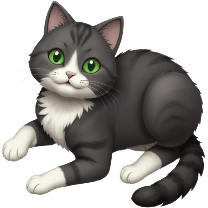 solid dark grey cat with green eyes, white toes/paws and white patch on her chest playfully rolling upside down emoji