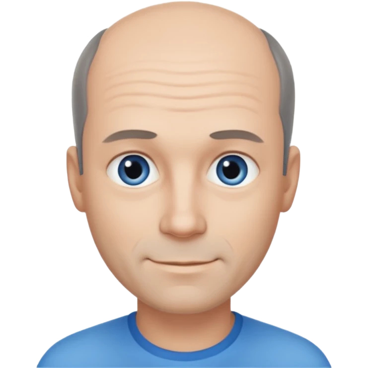 Middle aged man with black-greyish receding hairline, some hair on top, small blue eyes, clear face, shy smile emoji