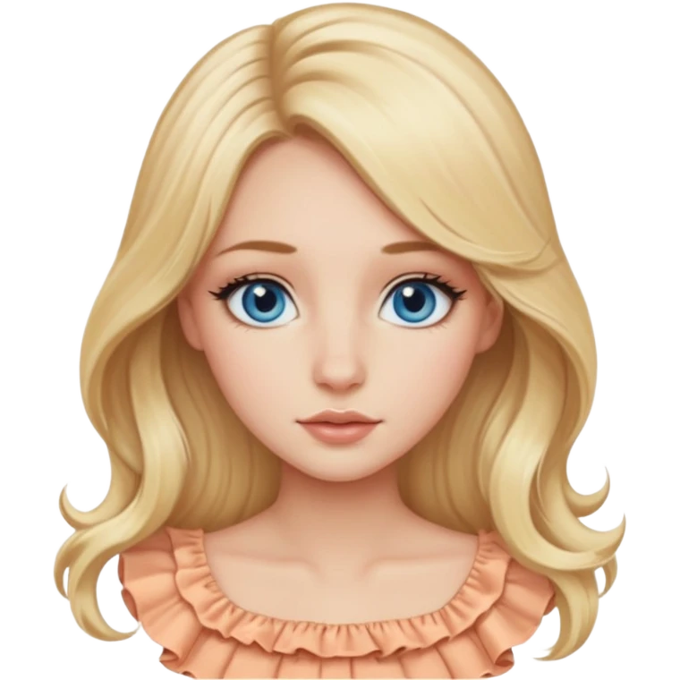 Blonde girl with blue eyes and eyeliner, long round nose, thin lips, long oval face shape, ruffle peach top, long blow out hair, middle part  emoji