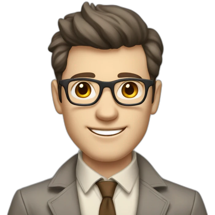 Joyful Full height Pale skinned Fit Man With dark brown hair in gray jacket, beige office shirt, Brown pants and vintage glasses. His thrumbs up emoji